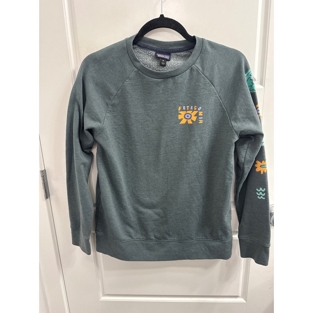 Patagonia Womens Organic Cotton Crewneck Sweatshirt Green Graphic 63015 XL